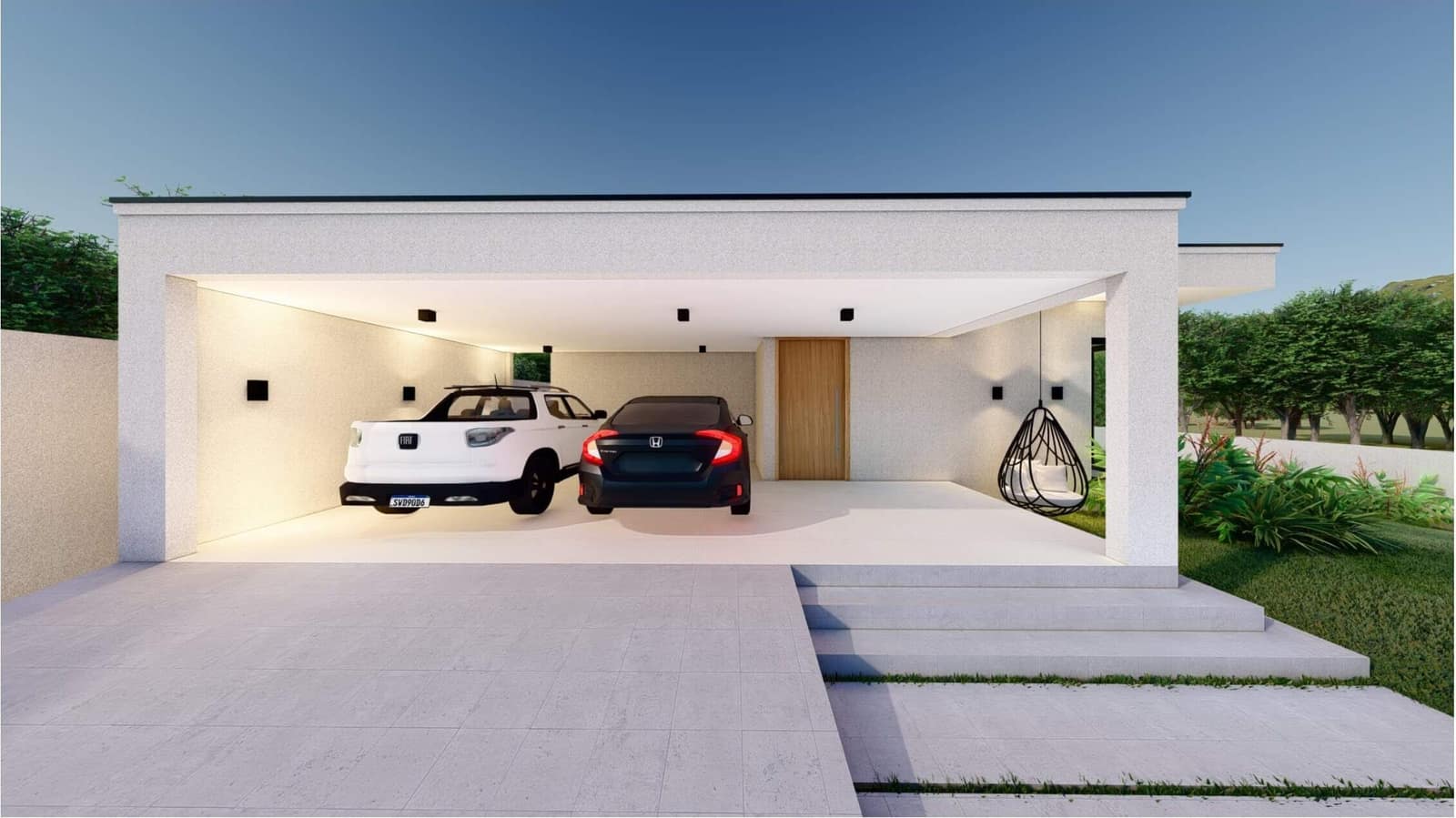 Fachada com garagem coberta para dois carros - perspectiva ilustrativa do projeto
