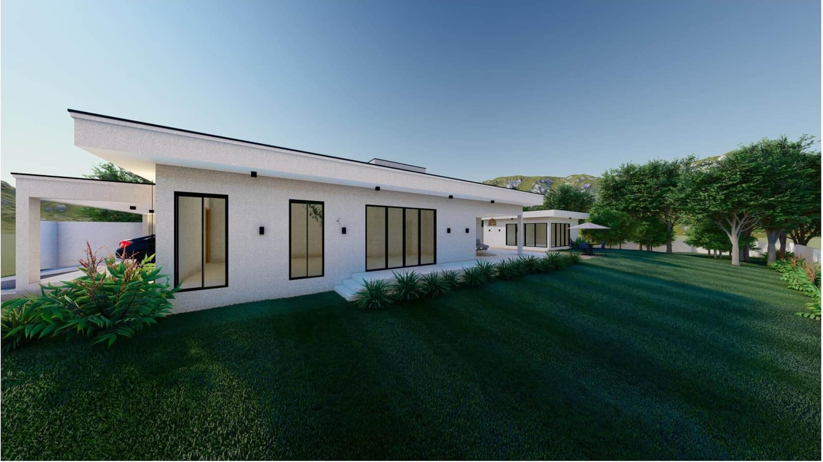 Fachada e jardim nos fundos do terreno - perspectiva ilustrativa do projeto