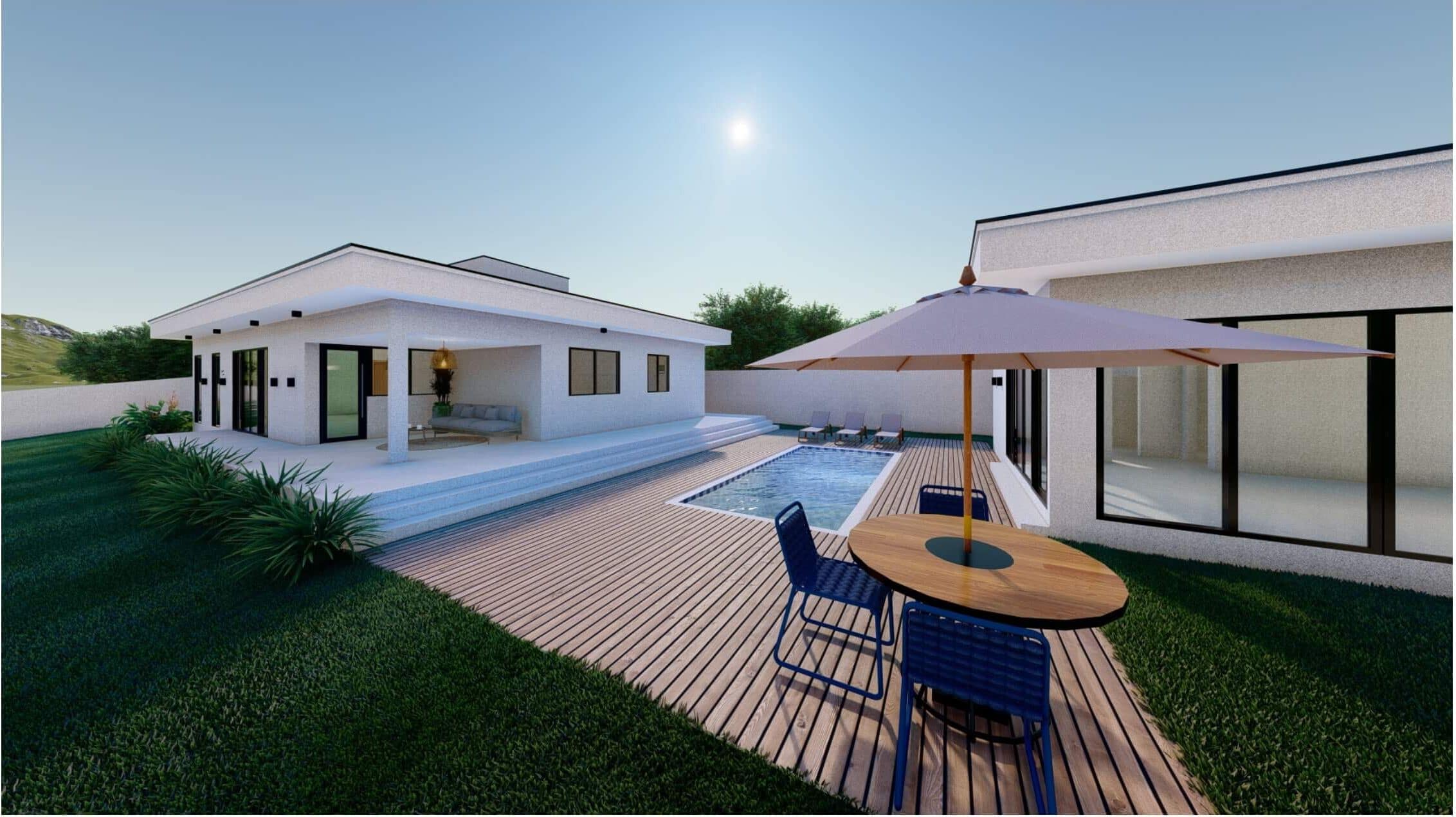 Piscina, deck e área externa - perspectiva ilustrativa do projeto
