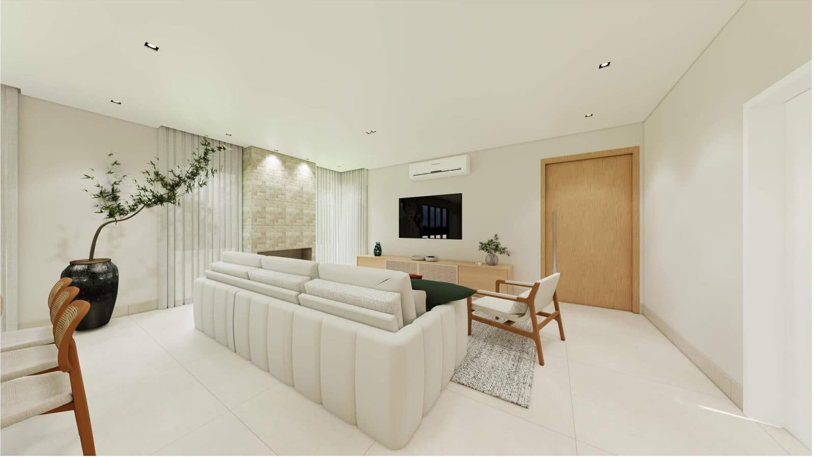 Sala de estar com sofá, painel de TV e acesso pela porta de madeira - perspectiva ilustrativa do projeto