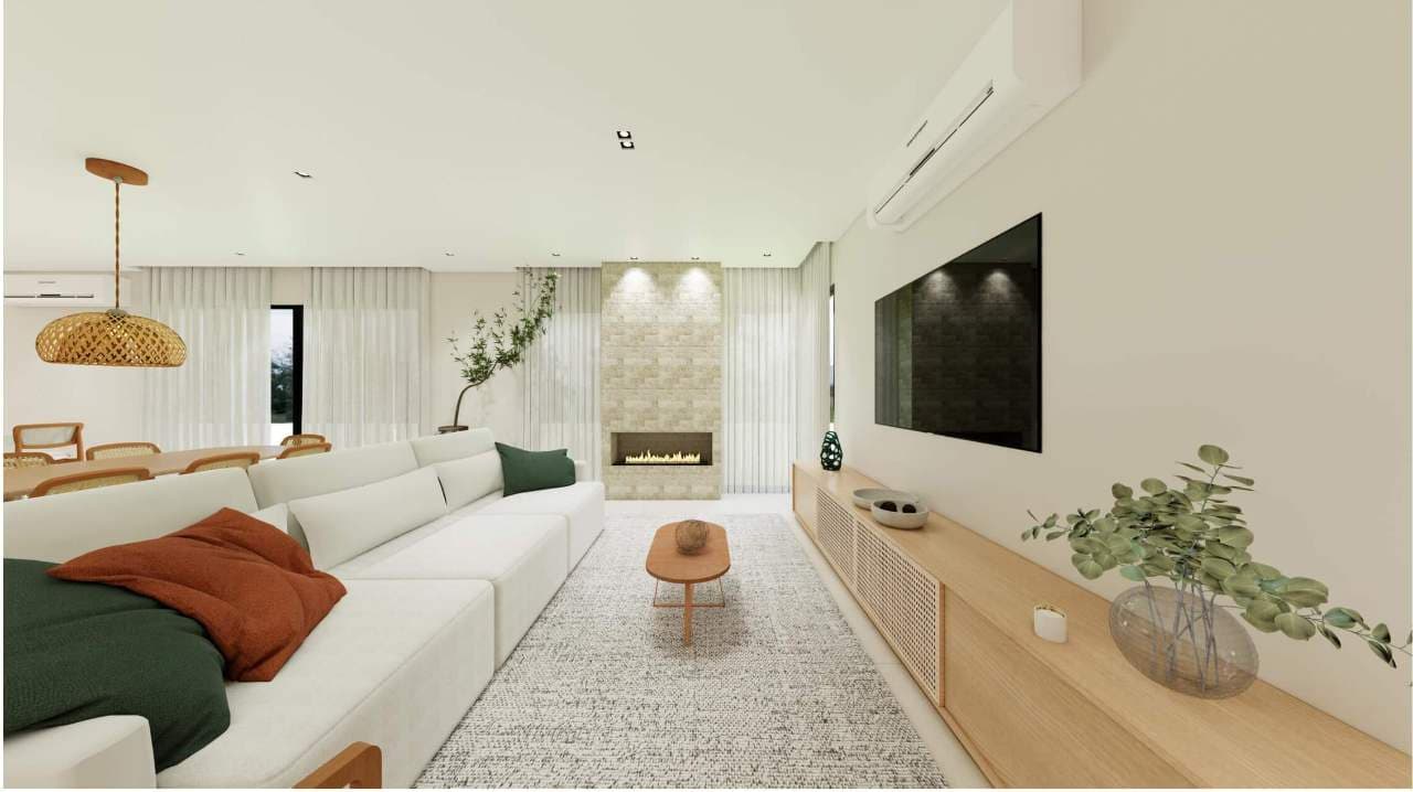 Sala de estar com lareira e painel de TV — perspectiva ilustrativa do projeto