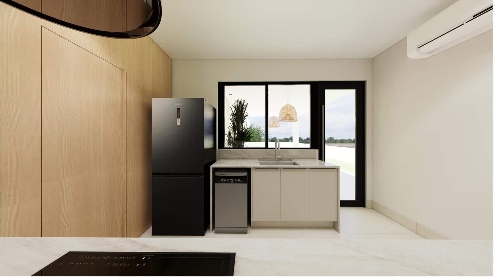 Cozinha com bancada, cooktop e janela voltada para o jardim - perspectiva ilustrativa do projeto