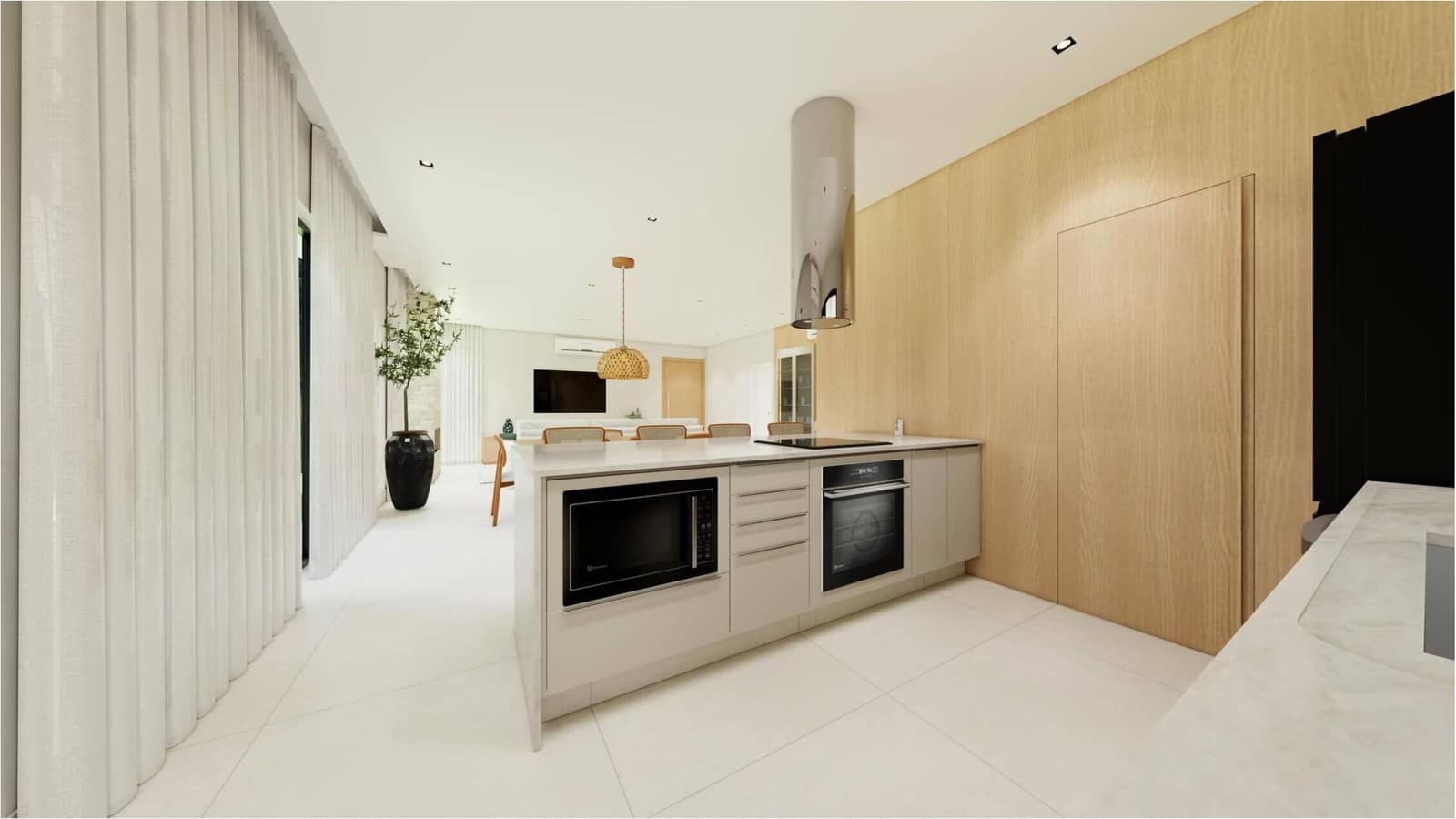 Bancada da cozinha com forno e cooktop - perspectiva ilustrativa do projeto