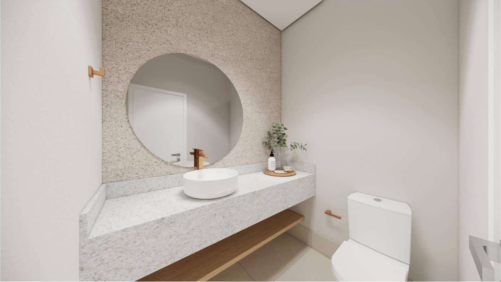 Lavabo com bancada de granito e espelho redondo - perspectiva ilustrativa do projeto