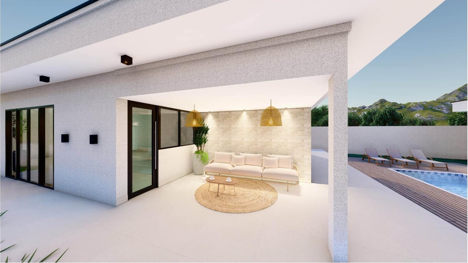 Estar externo da área gourmet, com vista para a piscina - perspectiva ilustrativa do projeto