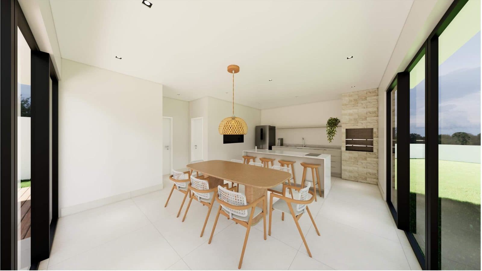 Área gourmet com mesa para oito lugares, ilha com banquetas e churrasqueira - perspectiva ilustrativa do projeto