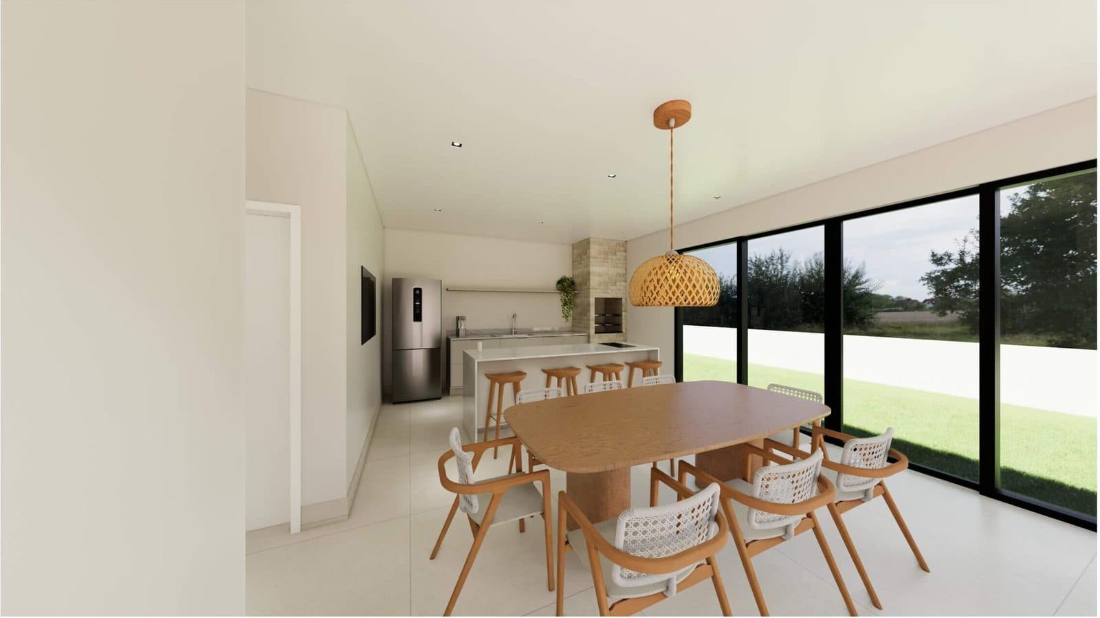 Área gourmet com mesa para oito lugares e vidros do piso ao teto voltados para o bosque - perspectiva ilustrativa do projeto