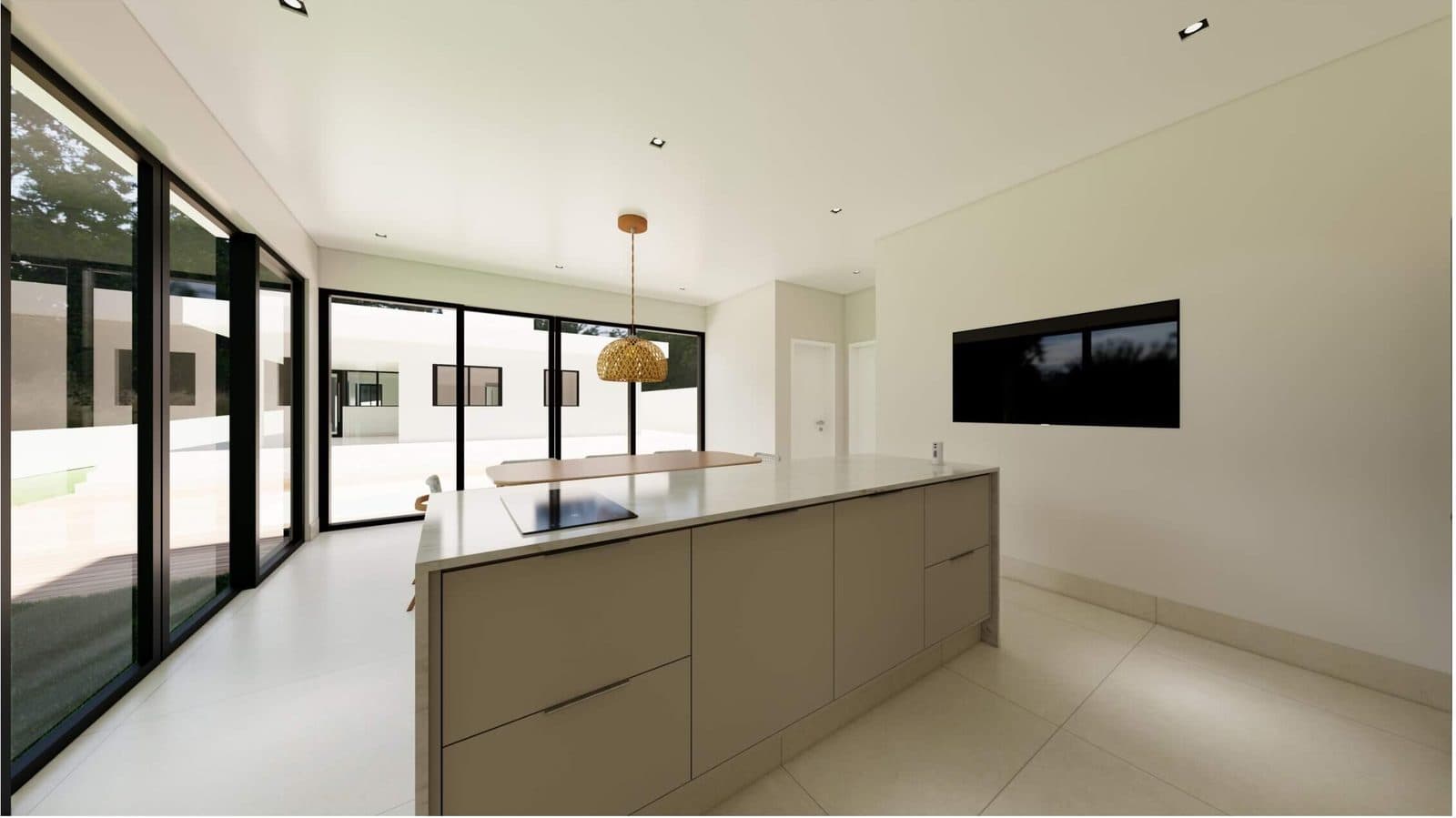 Ilha da área gourmet com cooktop e portas de vidro voltadas para a piscina - perspectiva ilustrativa do projeto