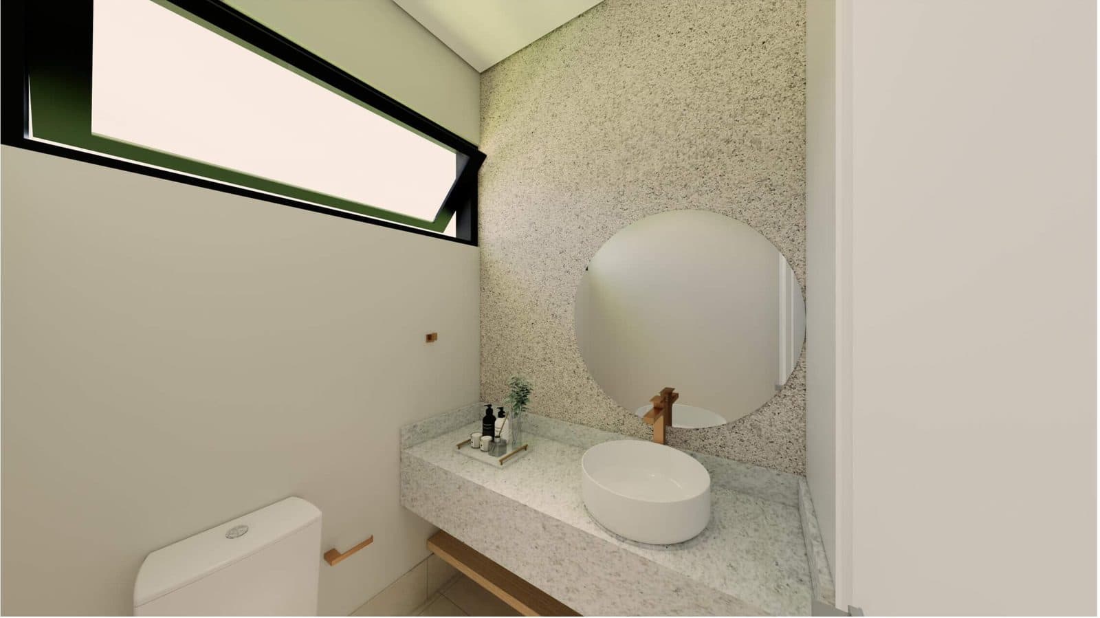 Lavabo da área gourmet com parede de granito, espelho redondo e janela alta - perspectiva ilustrativa do projeto
