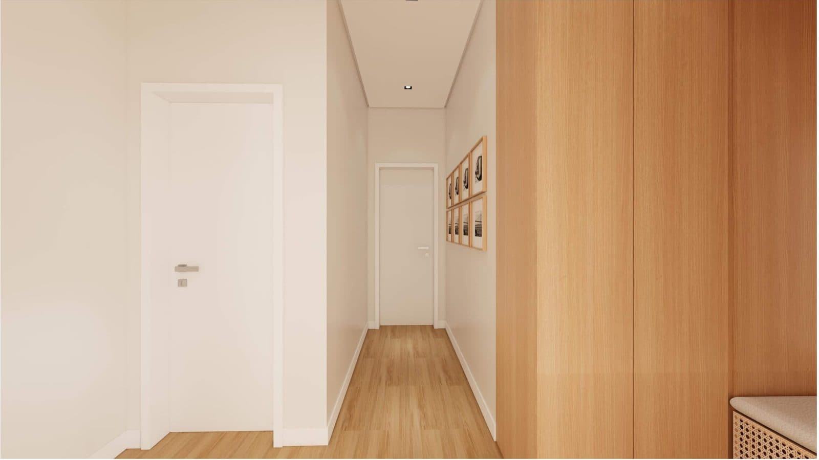 Corredor de acesso à área íntima dos quartos, com piso e marcenaria em madeira - perspectiva ilustrativa do projeto