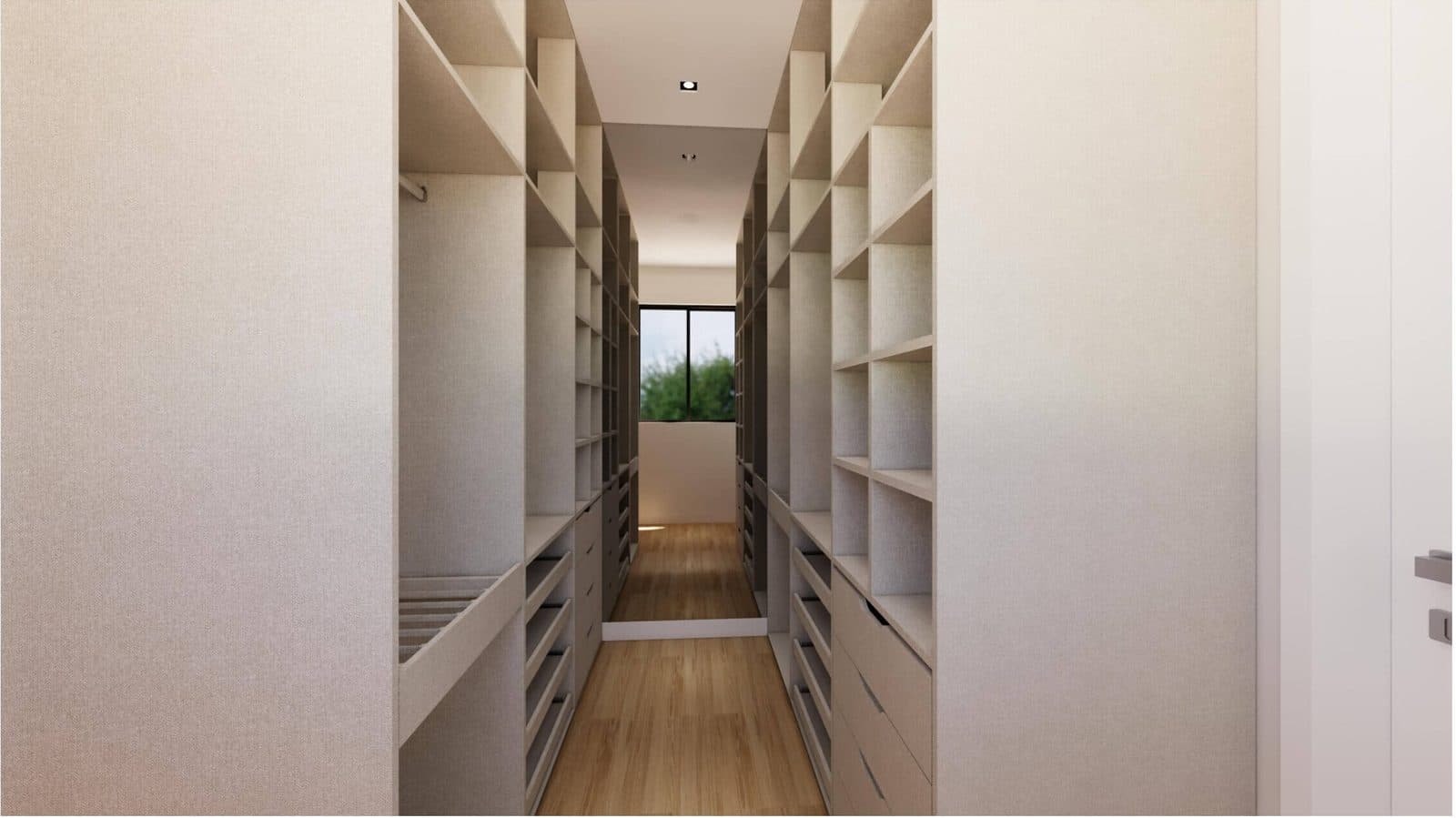 Closet da suíte master com prateleiras e gavetas dos dois lados e janela ao fundo - perspectiva ilustrativa do projeto