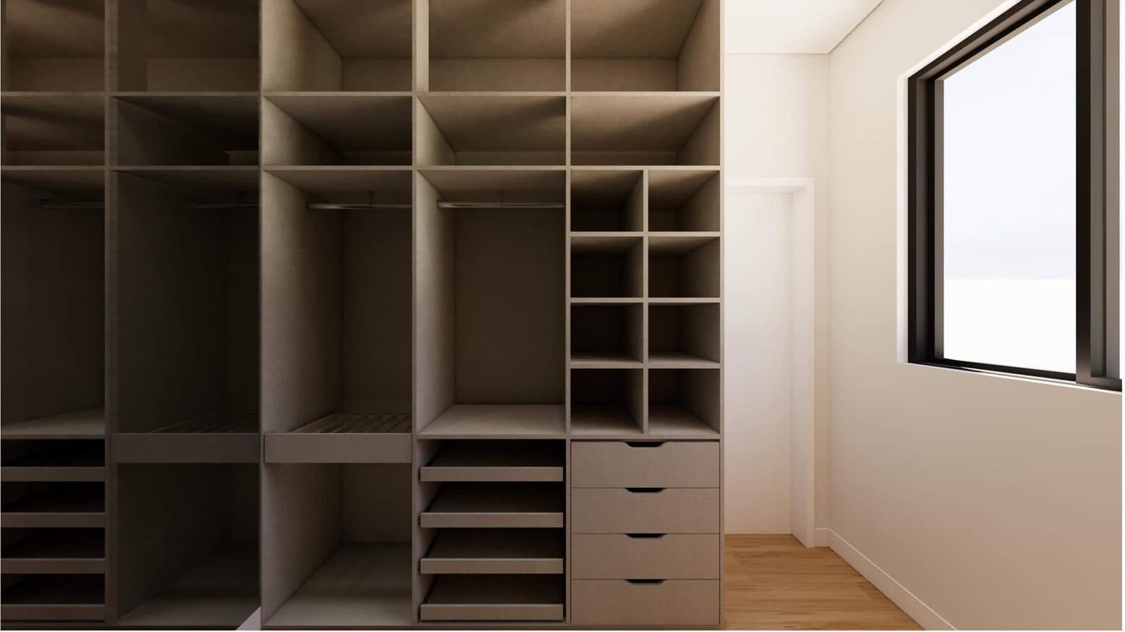Closet da suíte com nichos, cabideiros e gaveteiro, ao lado do acesso ao banheiro - perspectiva ilustrativa do projeto