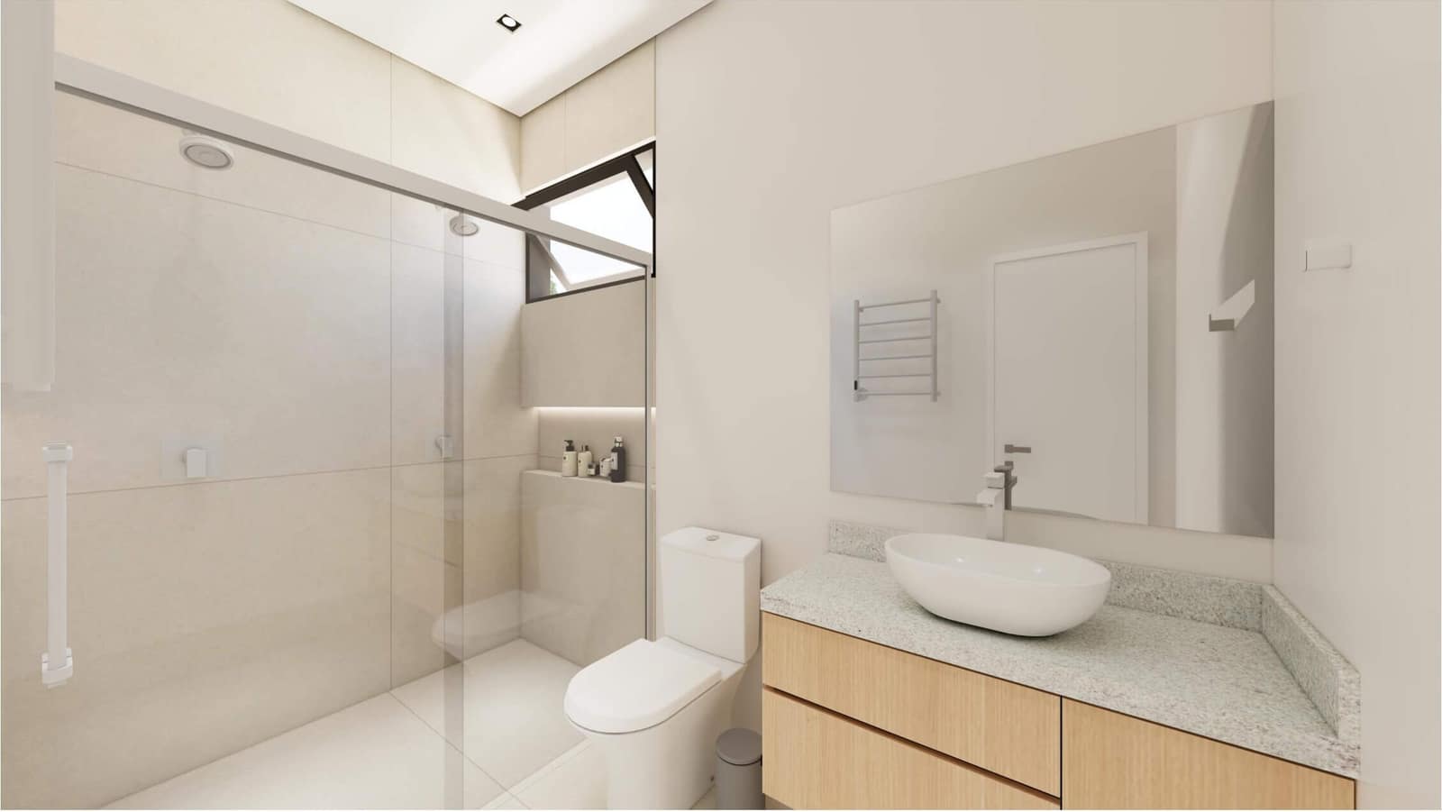Banheiro da suíte com box e bancada - perspectiva ilustrativa do projeto