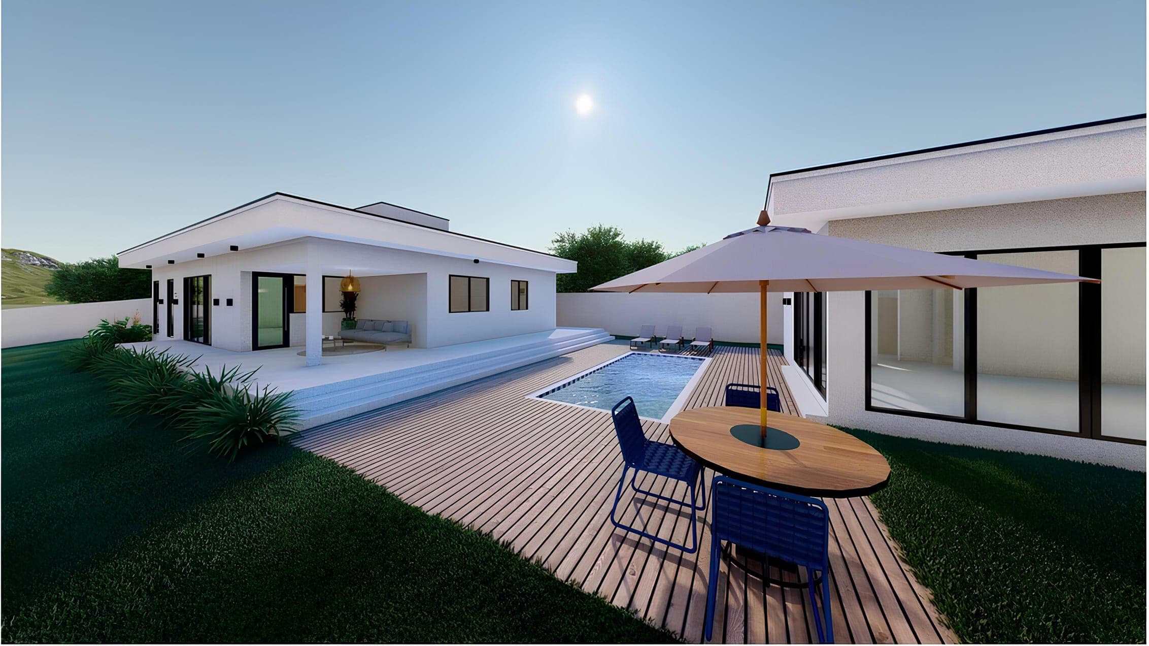 Piscina, deck de madeira e área externa da casa