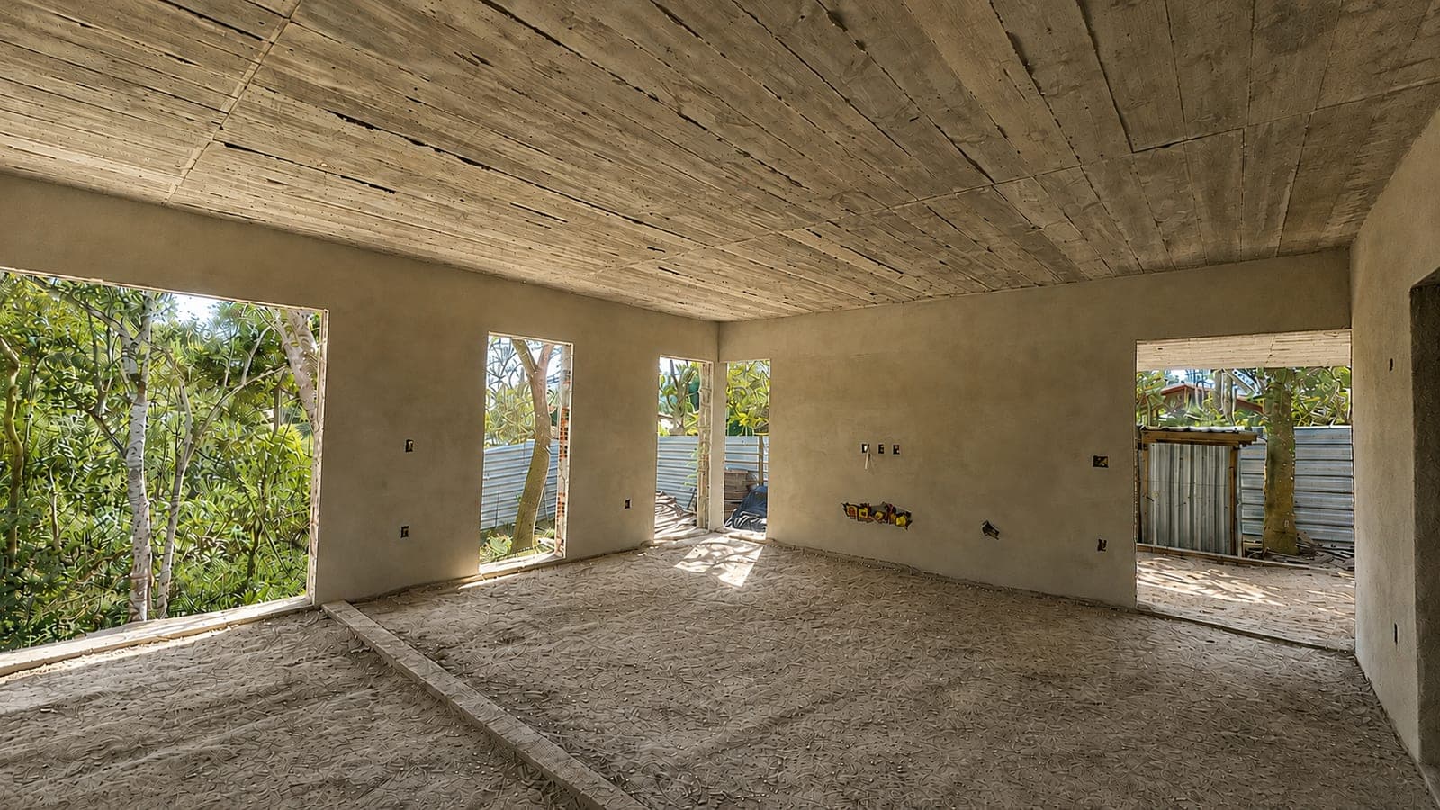 Sala de estar em obra, com laje de concreto aparente, paredes emboçadas, aberturas voltadas para a mata e passagem para o ambiente vizinho